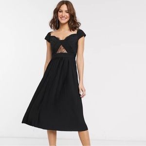 NWT Asos Lace Pleated Midi Cocktail Dress Black